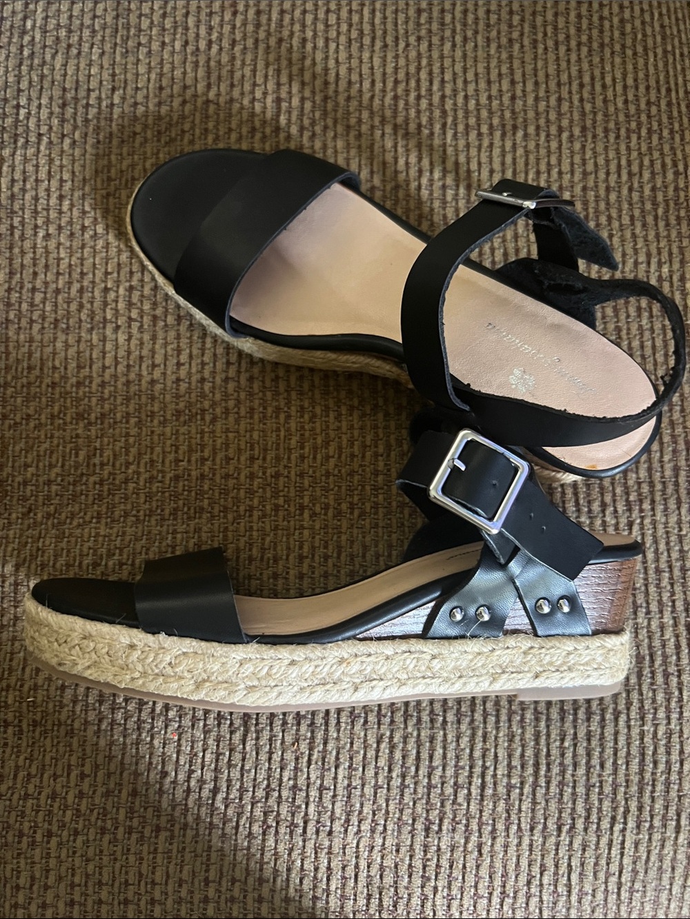 Tommy Bahama Black Leather Espadrille Wedge Sandals with Silver Buckles